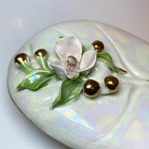 VTG Trinket Treasure Jewelry Ceramic Box with Mother of Pearl Glaze and Flowers - Picture 4 of 8